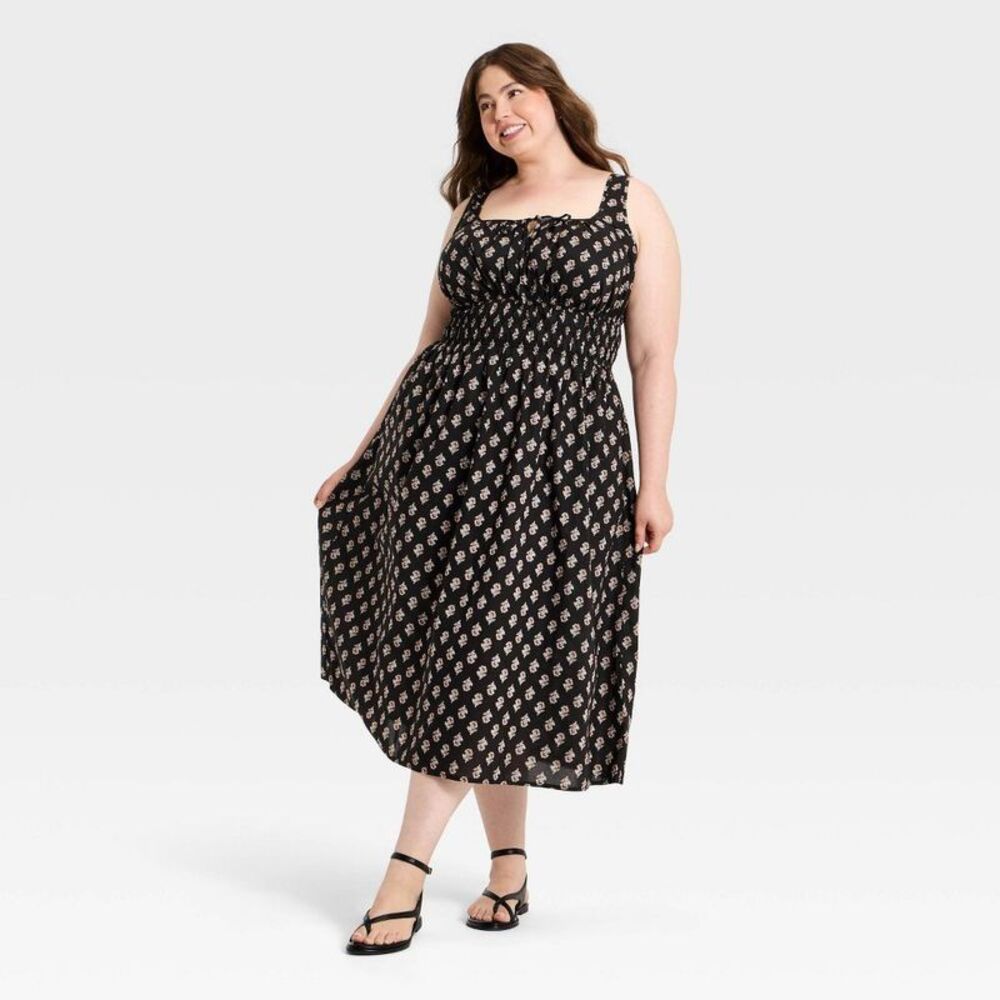 Women's Cotton Midi Pullover Sundress - Universal Thread Black Floral 4X
